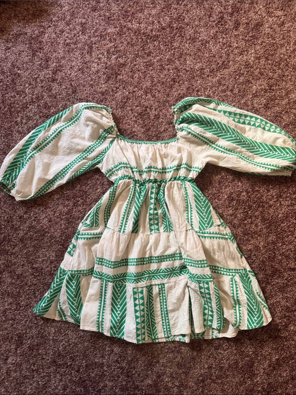 Italian Green & White Patterned Peasant Dress